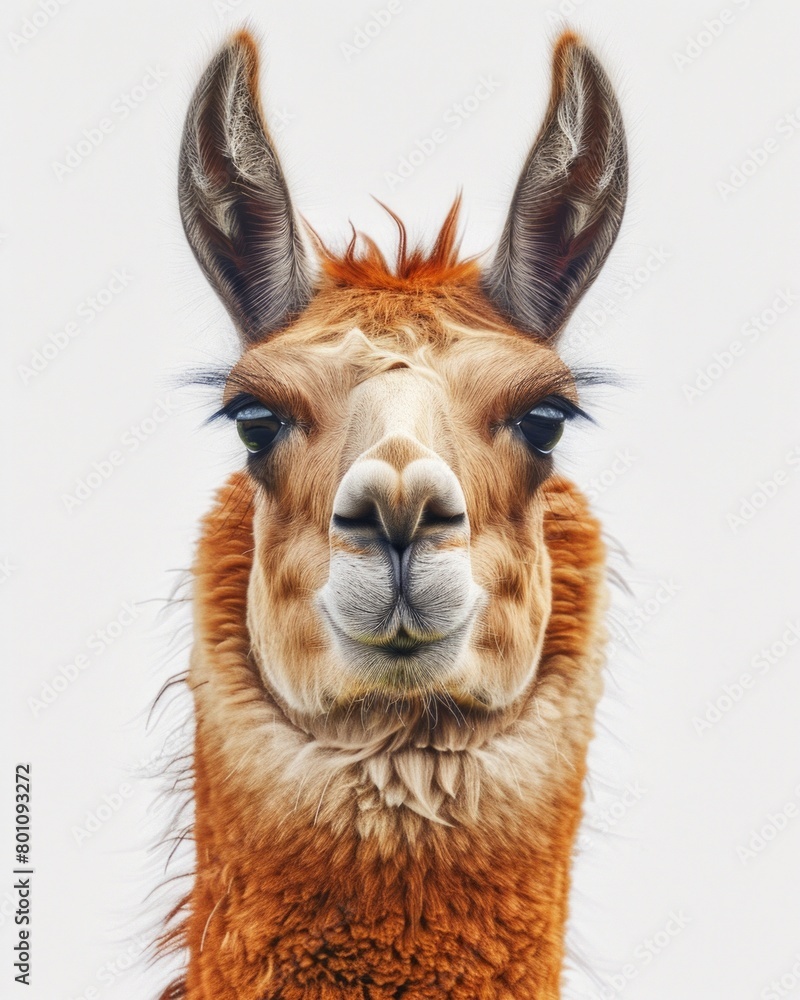 A close up of a llama's face with its ears back