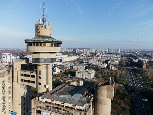 Drone view of the Belgrade Western Gate Genex tower, New Belgrade district, Serbia. Europe