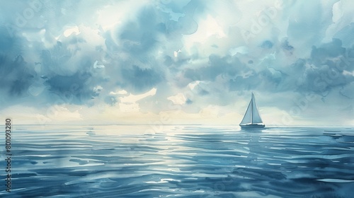 Watercolor painting of a tranquil seascape with a distant sailboat, the subtle blend of blues and grays evoking peace and quietude