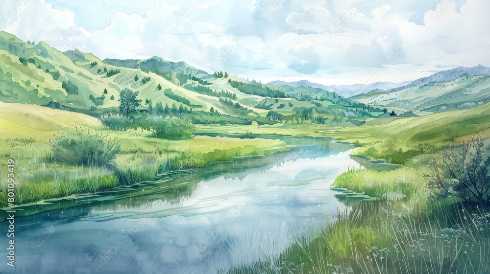 Watercolor panorama of a calm river winding through a lush valley, evoking serenity and providing a restful visual for clinic visitors