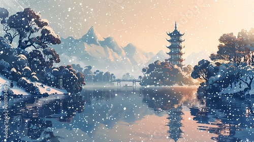 Snow scene and traditional building illustration poster background photo