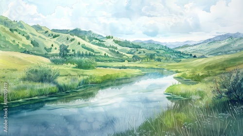 Watercolor panorama of a calm river winding through a lush valley  evoking serenity and providing a restful visual for clinic visitors