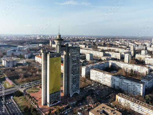 Drone view of the Belgrade Western Gate Genex tower, New Belgrade district, Serbia. Europe