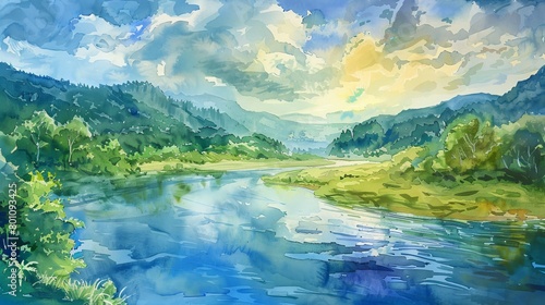 Watercolor panorama of a calm river winding through a lush valley  evoking serenity and providing a restful visual for clinic visitors