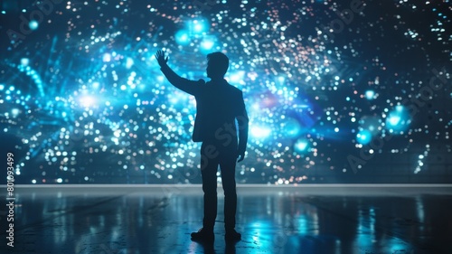 A man is standing in front of a large screen that is filled with stars