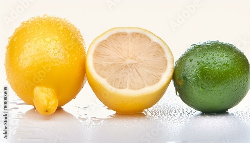 Fresh limes and lemons isolated on white with water droplets_1