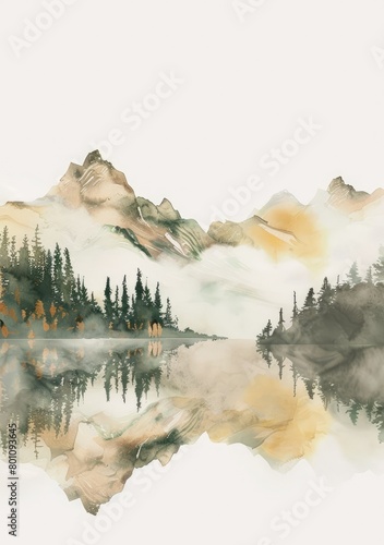 watercolor paintings with a mountain landscape minimalistic poster