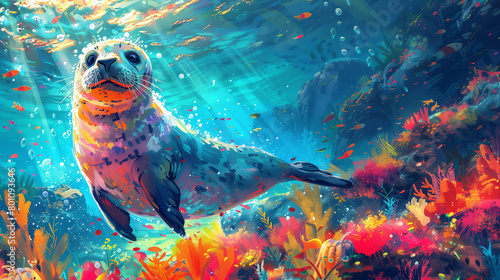 Pixel Art Time Bender Shielding Adorable Baby Seal in Vibrant Underwater Fantasy Scene photo