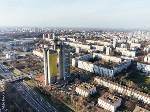 Drone view of the Belgrade Western Gate Genex tower, New Belgrade district, Serbia. Europe
