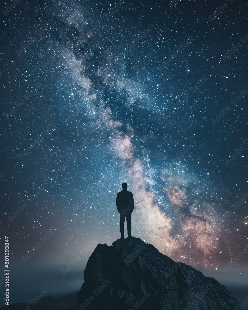 Man In Space. Standing in Wonder under the Cosmic Milky Way Universe Landscape Man In Space. Standing in Wonder under the Cosmic Milky Way Universe Landscape