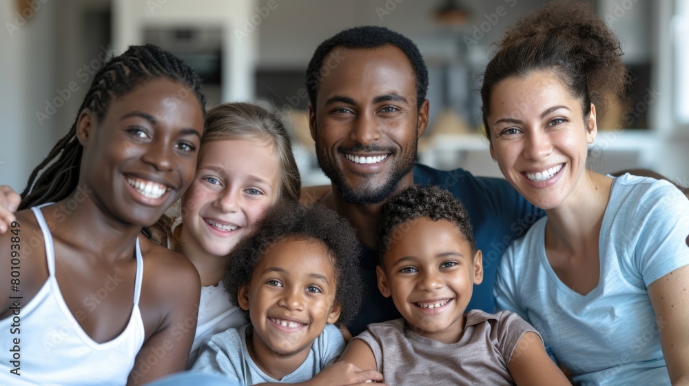 Caring Family: Happy and Smiling Portrait of an Interracial Family Bonding at Home Caring Family: Happy and Smiling Portrait of an Interracial Family Bonding at Home