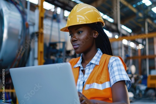 Online Connection. African American Female Engineering Supervisor Working with Laptop