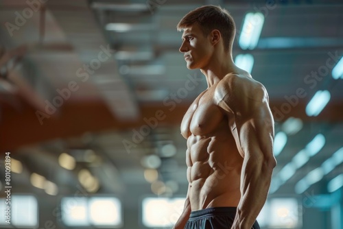 Lean Muscle. Handsome Fitness Model Flexing Abs in Gym. Bodybuilding Concept