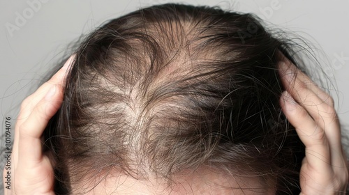 A woman is holding her head in her hands and showing her hair loss.
