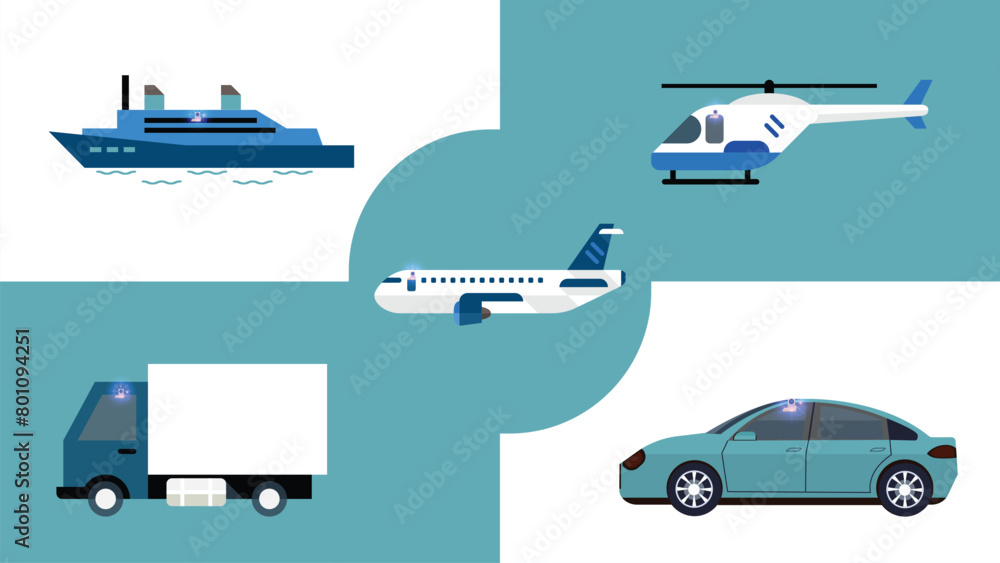 Transport Icons - A set of ninth. Vector illustrations, set silhouettes isolated, Boat, Helicopter, Car, Airplane, Truck Transport Icons - A set of ninth. Vector illustrations, set silhouettes isolated, Boat, Helicopter, Car, Airplane, Truck