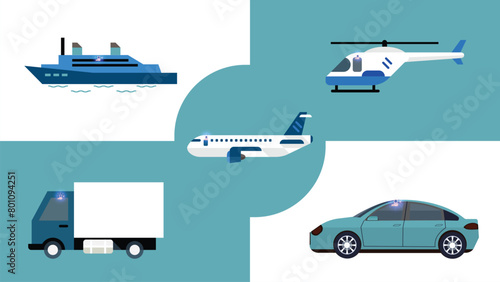 Transport Icons - A set of ninth. Vector illustrations, set silhouettes isolated, Boat, Helicopter, Car, Airplane, Truck