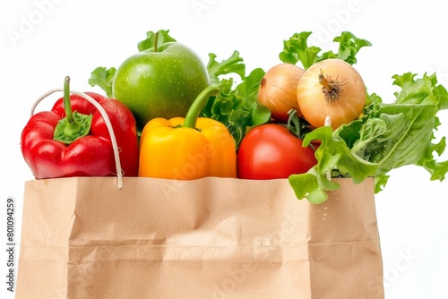 Fresh vegetables and fruits dropping into a paper bag, white backdrop - Healthy Eating, Grocery Shopping, Sustainable Packaging