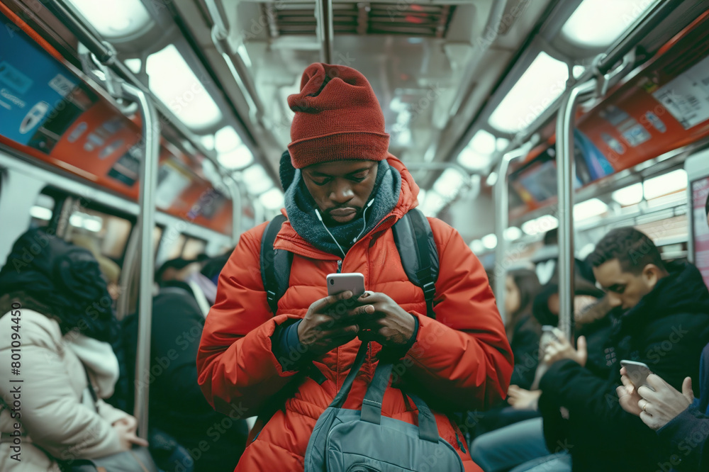 A commuter using public transport while multitasking on a smartphone, modern commuting routine. A commuter using public transport while multitasking on a smartphone, modern commuting routine.