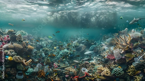 Vibrant coral reef engulfed by plastic pollution