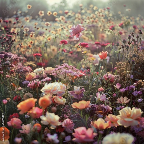 A field of flowers with a mix of colors including pink, yellow, and orange