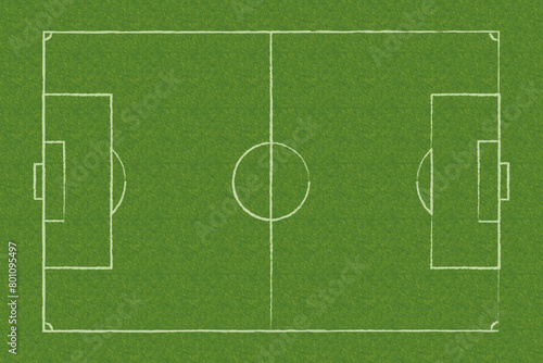 Soccer field plan with white line markings on green grass. Top view vector illustration. Football team games concept. Sports training and strategy.