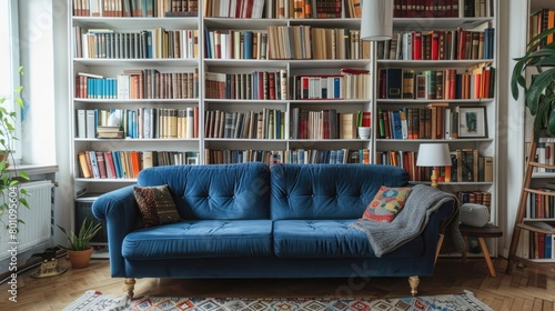 Living room with colorful sofas Surrounded by many books on shelves © Irfan