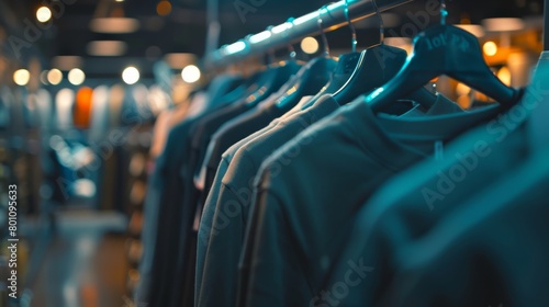A clothing store with a rack of blue t-shirts in the foreground and a blurry background.