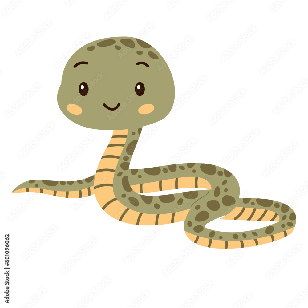 Fototapeta premium Flat vector illustration in children's style. Cute snake on white background . Vector illustration