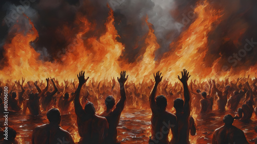 A painting of hell of suffering and eternal damnation. partially submerged screaming men, AI generated image, ai