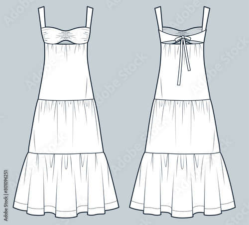 Tiered Dress technical fashion illustration. Bustier Strap Dress fashion flat technical drawing template, maxi, relaxed fit, front and back view, white, women CAD mockup.