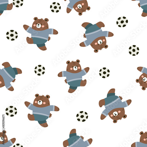 Seamless vector pattern. Cute bear cub in uniform playing soccer. Flat vector illustration in children's style on white background . Vector illustration © Alena