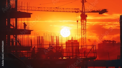 Early morning on a bustling construction site, crane lifting rebar against a sunrise, workers in motion, capturing the essence of progress