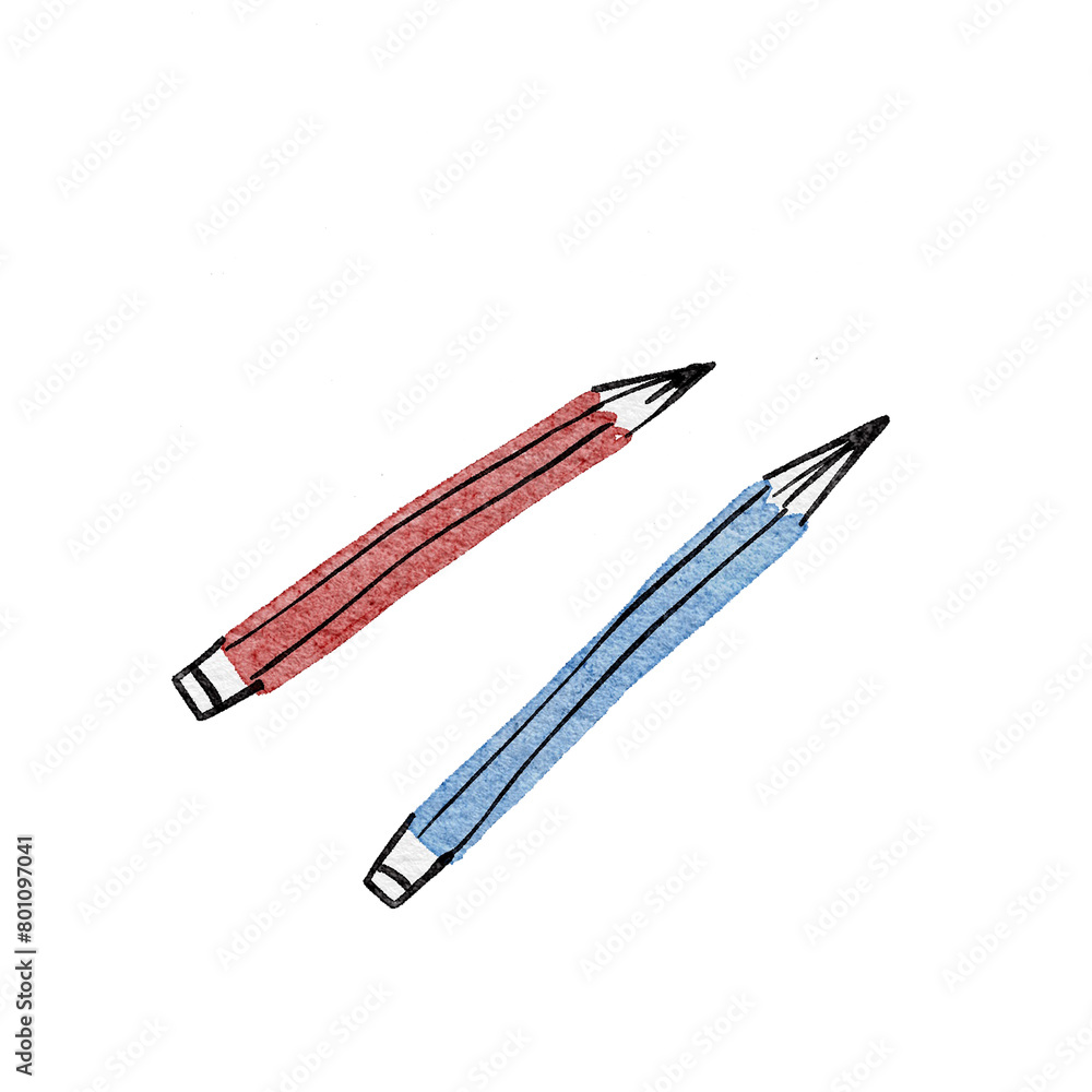 Hand drawn watercolor illustration. Spring. A single silver ballpoint pen is placed isolated on a white background. Hand drawn watercolor illustration. Spring. A single silver ballpoint pen is placed isolated on a white background.