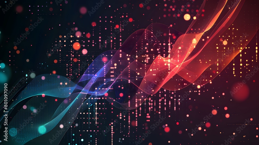 Data sorting flow process. Digital wallpaper. Colorful particle wave with bokeh