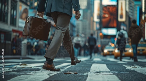 A man in a suit and leather shoes crosses a busy city street carrying a leather briefcase. photo