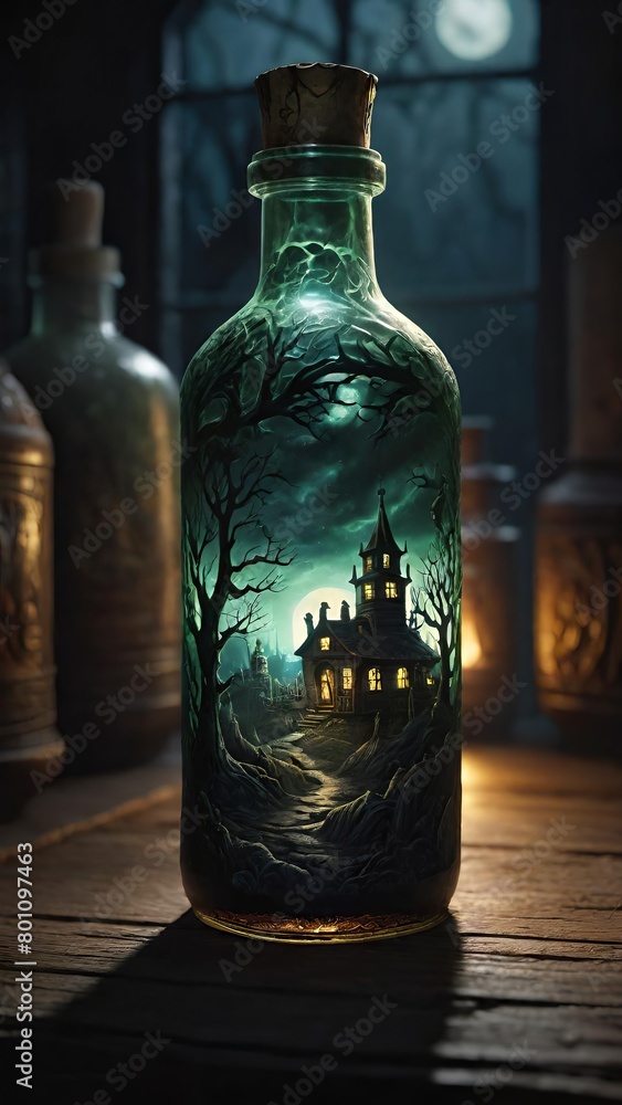 Spooky Haunted House Silhouette in Bottle Under Eerie Moonlight on Wooden Surface for Halloween Spooky Haunted House Silhouette in Bottle Under Eerie Moonlight on Wooden Surface for Halloween