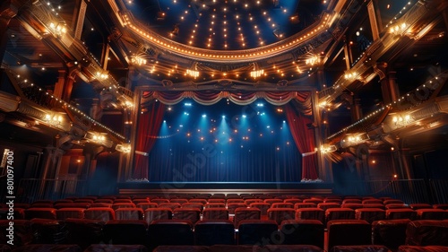 A large theater with a red curtain and blue curtains © tope007