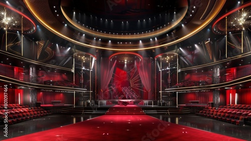 A red stage with a red curtain and a red carpet