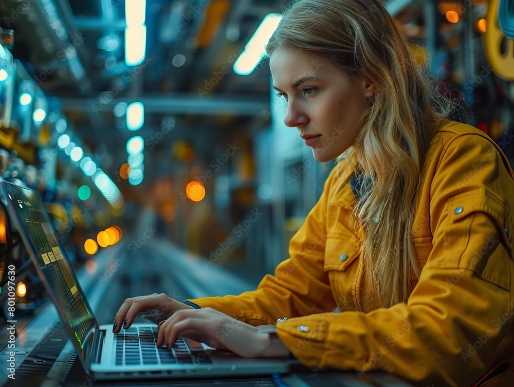 A young female engineer in a yellow hard hat and coveralls works on her laptop in a dimly lit factory. A young female engineer in a yellow hard hat and coveralls works on her laptop in a dimly lit factory.