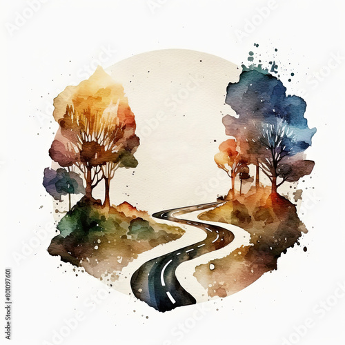 Watercolor painting in circular frame winding road through trees, rich, vibrant colors