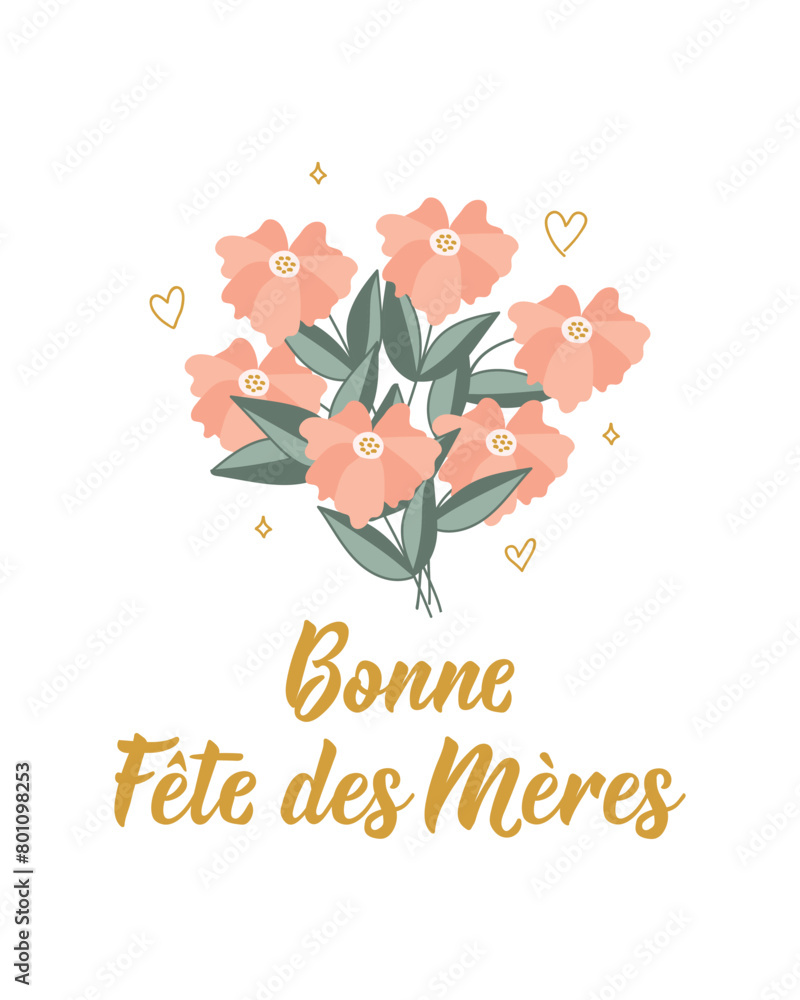 Mother's Day card. Text in French - Happy Mother's Day. Holidays lettering. Ink illustration. Postcard design. Mother's Day card. Text in French - Happy Mother's Day. Holidays lettering. Ink illustration. Postcard design.