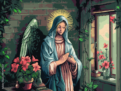 The annunciation of Mary in the style of colorful pixel-art, manga inspired. Raster, generative ai.