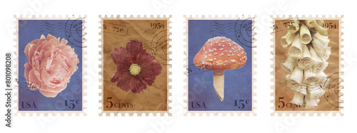 Vintage Nature Postage Stamp Collection. Mushroom, Flowers, and Floral Post Elements. Aesthetic cutout Scrapbooking elements for wedding invitations, notebooks, journals, greeting cards