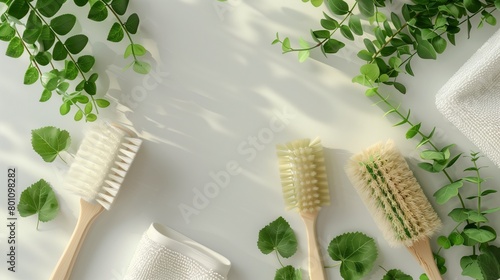 Eco brushes and rag on white background. Flat lay eco cleaning products. Cleaner concept photo