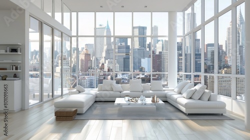 A large white living room with a view of the city