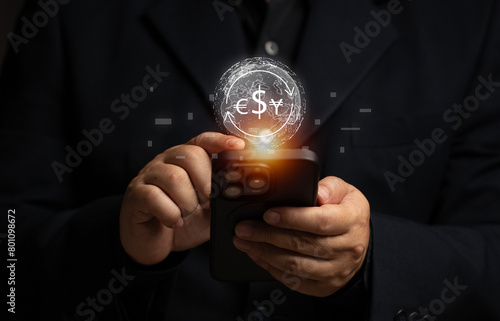 Businessman uses mobile phone to trade cryptocurrencies through virtual screen. Marketing planning strategy stock. Global growth finance currency trading wealth. Banking investment economy connection.