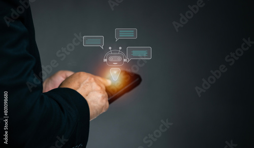concept technology artificial intelligence ai connection chatbot, man use smartphone to input data Interact on the virtual screen. The conversation message between AI and user. 