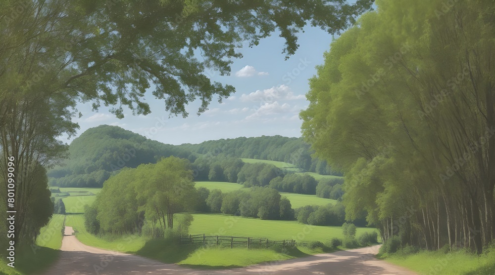 Countryside dirt road leading to green forest or woods and past agriculture fields or farm pasture. Landscape view of quiet, lush French scenery of remote farming meadows with blue sky.generative.ai 