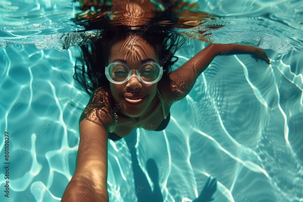 black woman swimming in a swimming pool, with rippling blue water