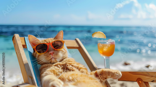 A chill orange tabby cat lounges in a beach chair wearing cool sunglasses with a cocktail and ocean backdrop, embodying ultimate relaxation and vacation vibes